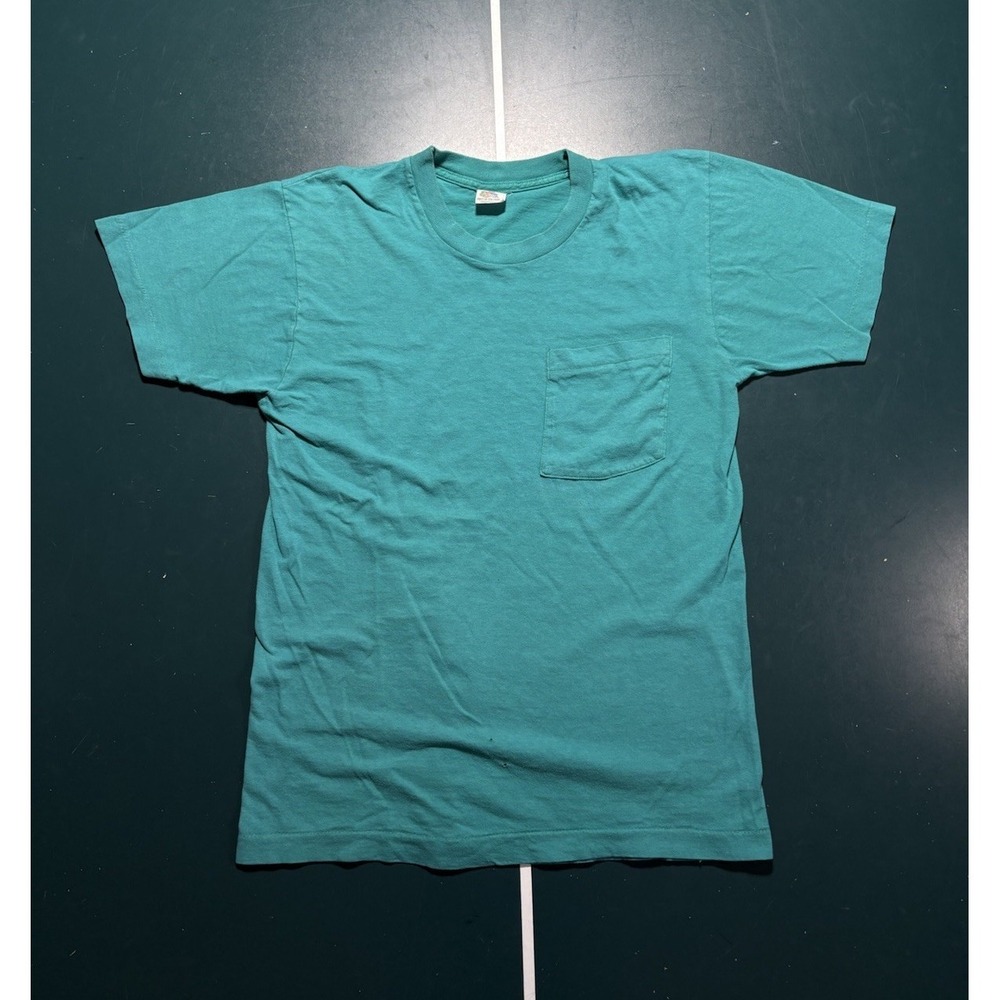 Vtg 80s Fruit of the Loom Selvedge Pocket Tee Shirt Med Single Stitch Turquoise
